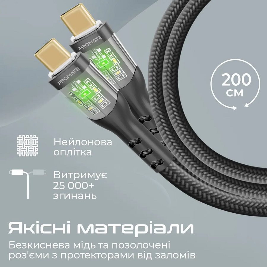 Внешний вид Кабель Promate TransLine-CC200 USB Type-C - USB Type-C Power Delivery 2 м Black (transline-cc200.black)