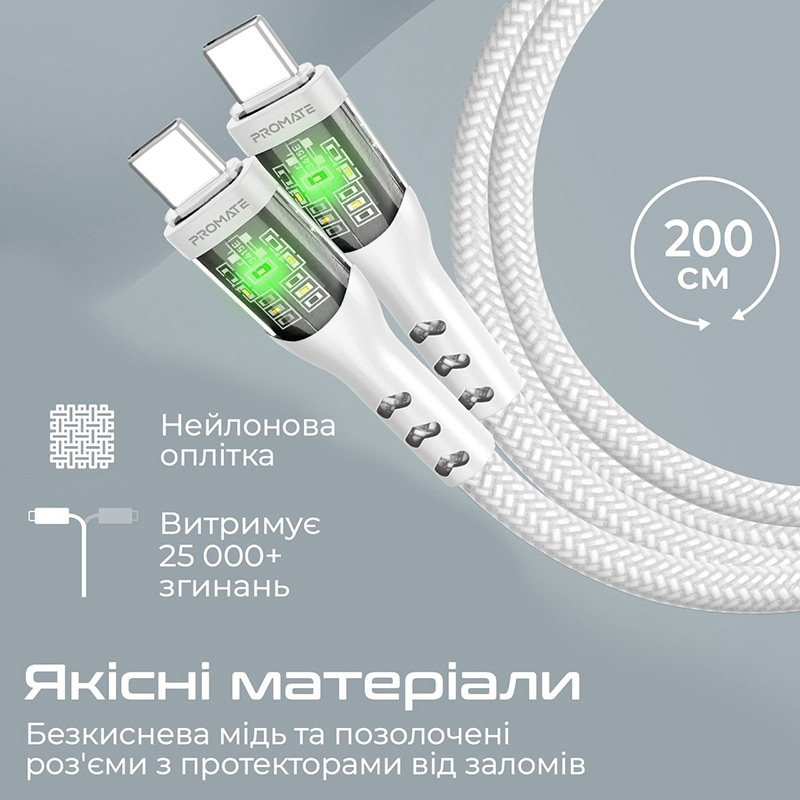 Зовнішній вигляд Кабель PROMATE transline-cc200 USB Type-C - USB Type-C White 2 м (transline-cc200.white)