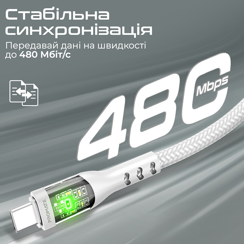 Кабель PROMATE transline-cc200 USB Type-C - USB Type-C White 2 м (transline-cc200.white) Довжина 2