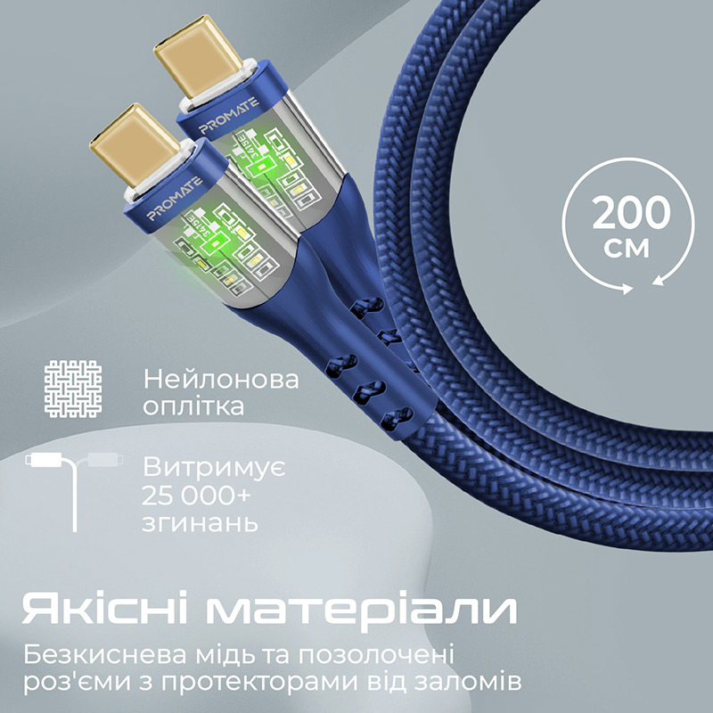 Кабель PROMATE transline-cc200 USB Type-C - USB Type-C Navy 2 м (transline-cc200.navy) Тип USB Type-С - USB Type-С