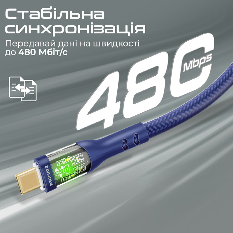 Кабель PROMATE transline-cc200 USB Type-C - USB Type-C Navy 2 м (transline-cc200.navy) Підсвітка True