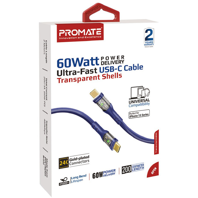 Фото Кабель PROMATE transline-cc200 USB Type-C - USB Type-C Navy 2 м (transline-cc200.navy)