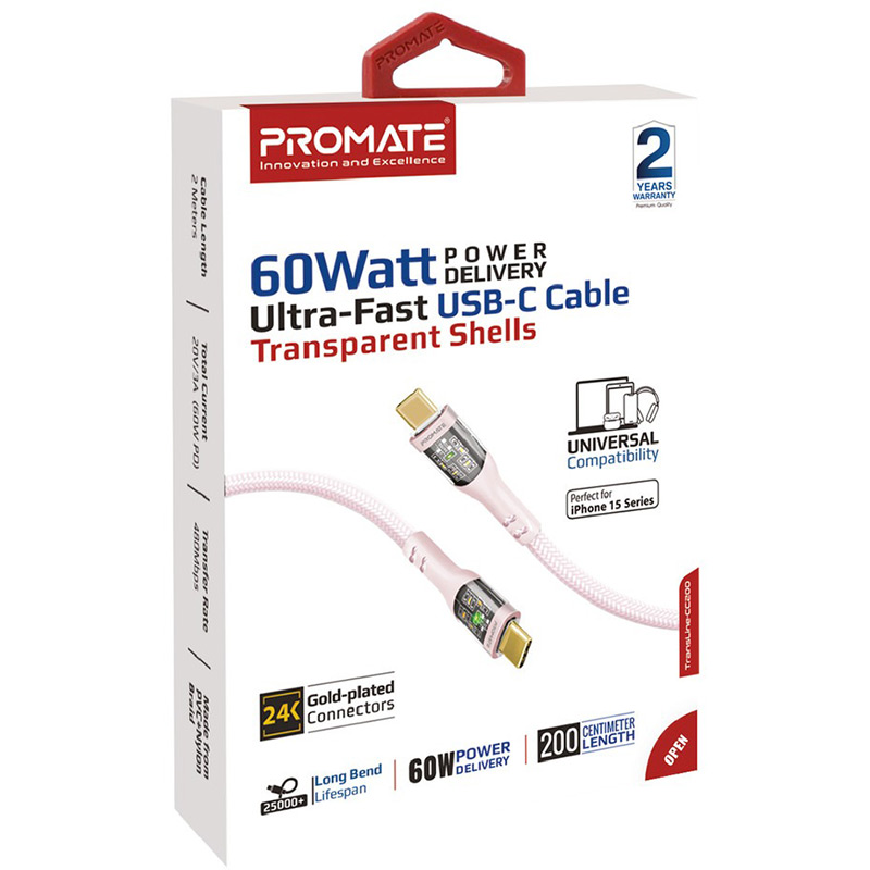 Внешний вид Кабель PROMATE transline-cc200 USB Type-C - USB Type-C Pink 2 м (transline-cc200.pink)