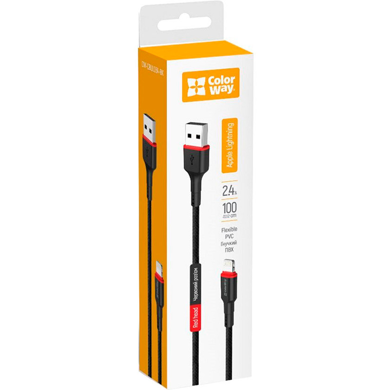 Кабель ColorWay USB - Apple Lightning (PVC - red head) 2.4А 1 м Black (CW-CBUL064-BK)