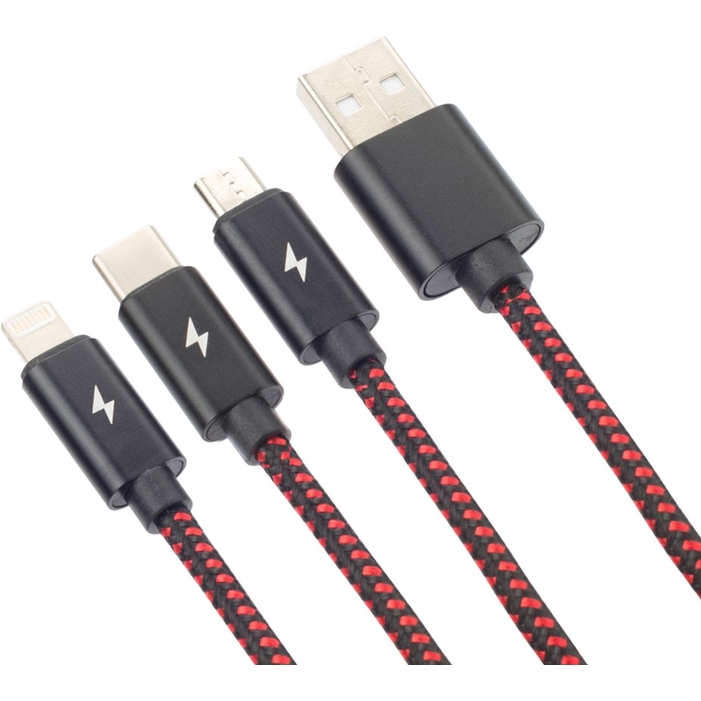 Кабель 3 в 1 PRODA PD-B65th Lightning Type-C Micro USB 2А красный Длина 1.2