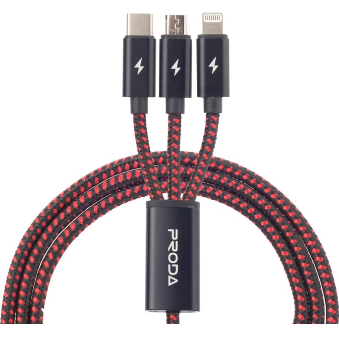 Кабель 3 в 1 PRODA PD-B65th Lightning Type-C Micro USB 2А червоний Тип USB – Lightning/micro-USB/USB Type-C