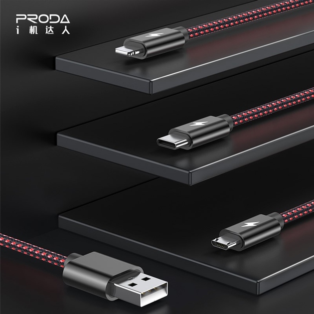 Фото 4 Кабель 3 в 1 PRODA PD-B65th Lightning Type-C Micro USB 2А червоний