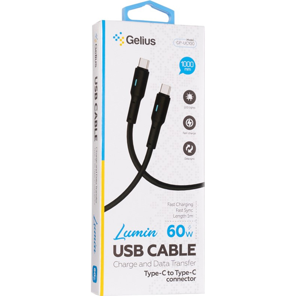 Кабель GELIUS USB Type-C - USB Type-C 1m 60W Pro Lumin Lamp GP-UC100 Black (00000094345) Підсвітка True