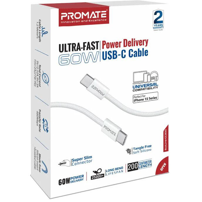 Кабель PROMATE USB Type C - Lightning 1.2 м White (ecoline-ci120 white) Додатково Power delivery: 27W; пропускна спроможність: 9V/2.22A, 9V/3A, 15V/2A; швидкість передачі: 480 Мбіт/с; кабель із безкисневої міді, екранований фольгою