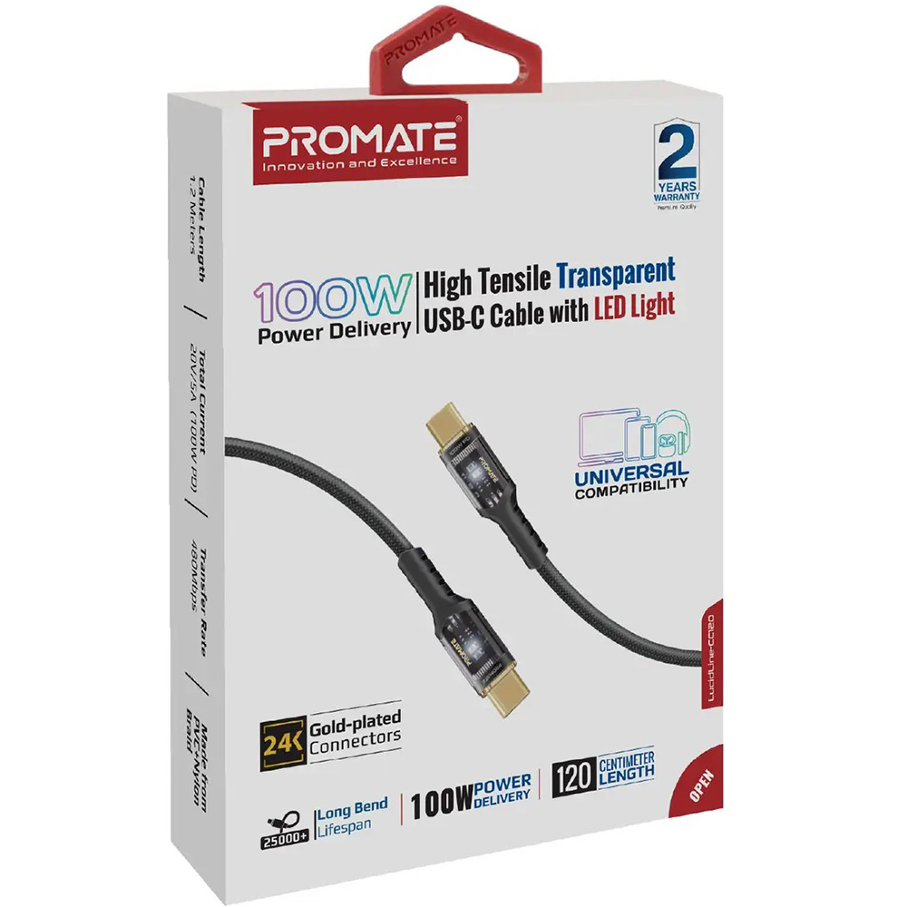 Кабель PROMATE Lucidline-CC120 USB Type-C - USB Type 1.2 м Black (lucidline-cc120.black) Дополнительно Power Delivery: 100 Вт; Пропускная способность: 20 В / 5 A; Скорость передачи данных: 480 Мбит/с; Кабель из бескислородной меди, экранированный специальной фольгой; Коррозионностойкие позолоченные разъемы и протекторы в нейлоновой оплетке