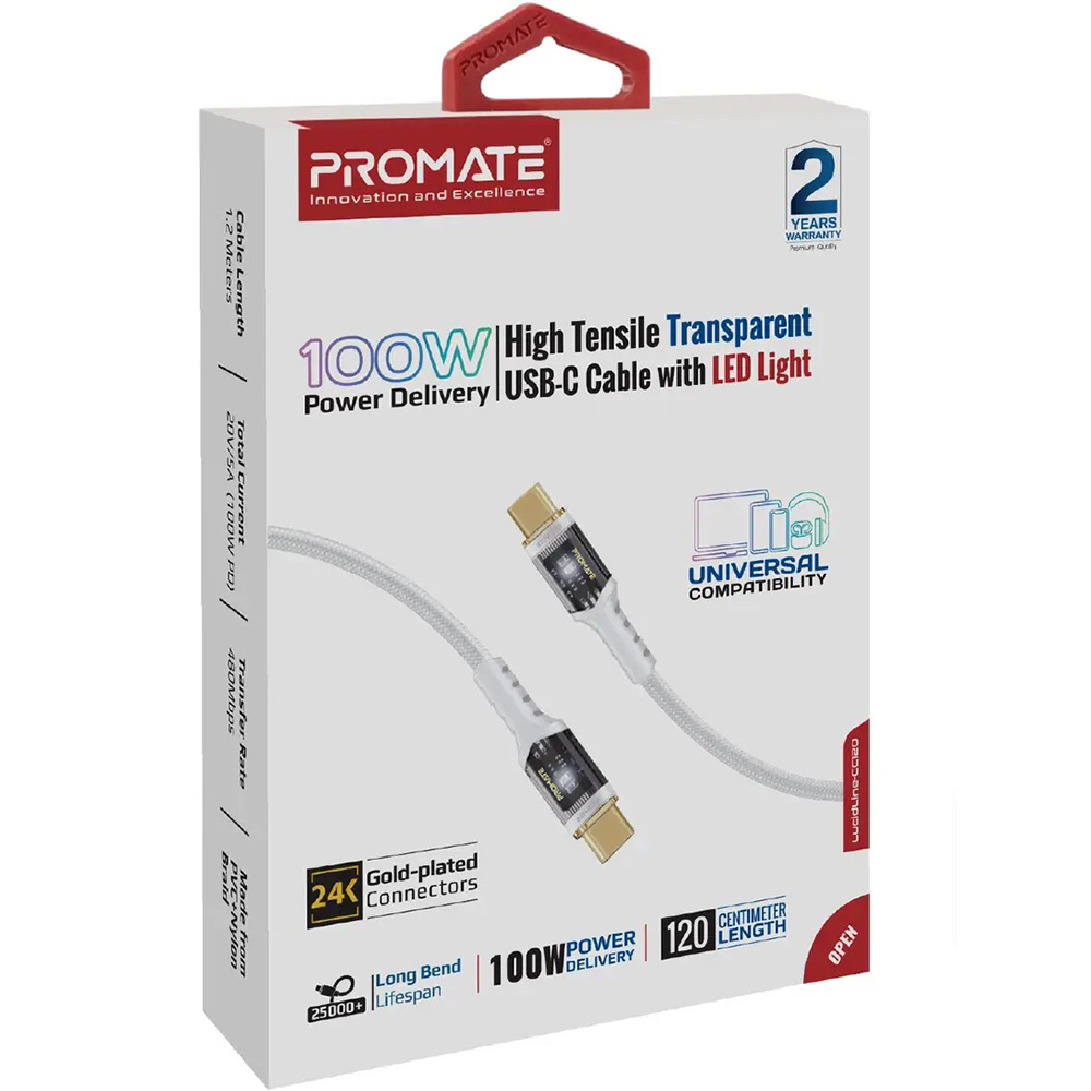 Кабель PROMATE Lucidline-CC120 USB Type-C - USB Type 1.2 м White (lucidline-cc120.white) Додатково Power Delivery: 100 Вт; Пропускна спроможність: 20 В/5 A; Швидкість передачі: 480 Мбіт/с; Кабель із безкисневої міді, екранований спеціальною фольгою; Корозійностійкі позолочені роз'єми та протектори в нейлоновому обплетенні.