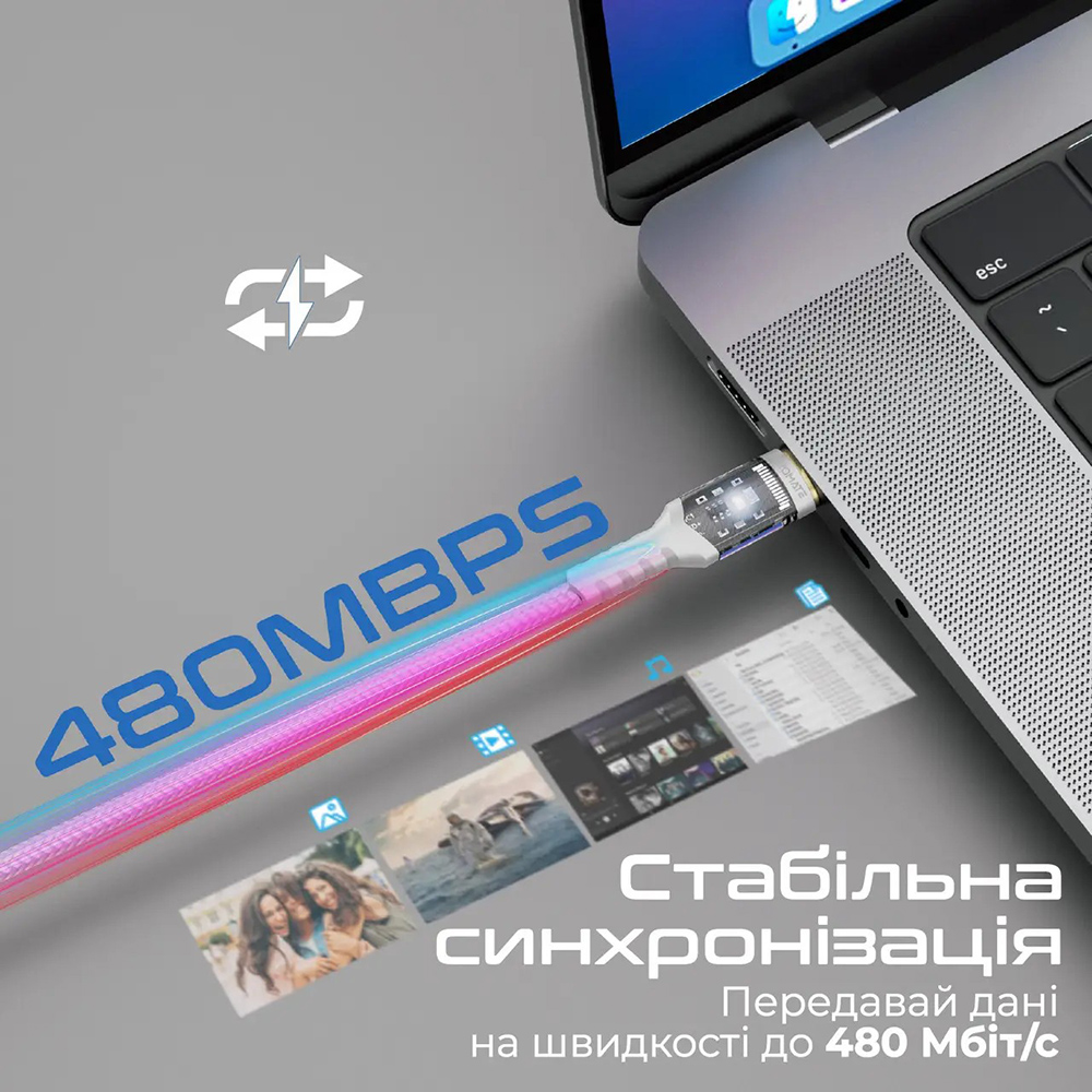 Зовнішній вигляд Кабель PROMATE Lucidline-CC120 USB Type-C - USB Type 1.2 м White (lucidline-cc120.white)