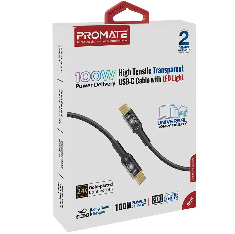 Кабель PROMATE Lucidline-CC200 USB Type-C - USB Type 2 м Black (lucidline-cc200.black) Додатково Power Delivery: 100 Вт; Пропускна спроможність: 20 В/5 A; Швидкість передачі: 480 Мбіт/с; Кабель із безкисневої міді, екранований спеціальною фольгою; Корозійностійкі позолочені роз'єми та протектори в нейлоновому обплетенні.