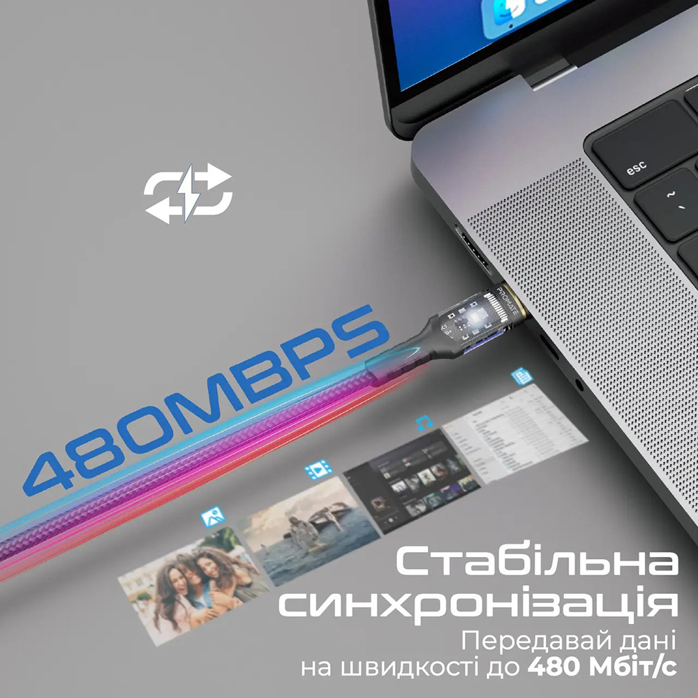 Зовнішній вигляд Кабель PROMATE Lucidline-CC200 USB Type-C - USB Type 2 м Black (lucidline-cc200.black)