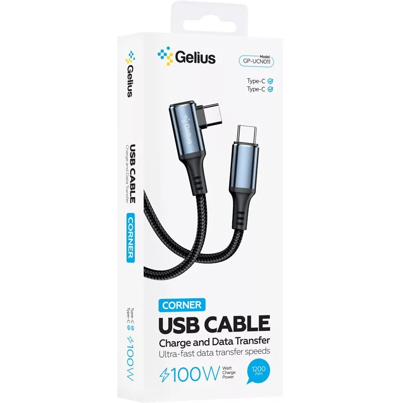Кабель GELIUS Corner GP-UCN011 Type-C to Type-C 100W Black (00000099751) Тип USB Type-С - USB Type-С