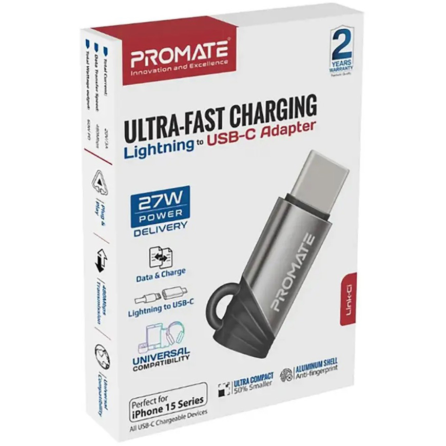 Перехідник PROMATE Lightning to USB-C Grey (link-ci) Додатково Швидкість передачі: 480 Мбіт/с. Пропускна спроможність: 60W Power Delivery (20V/3A)