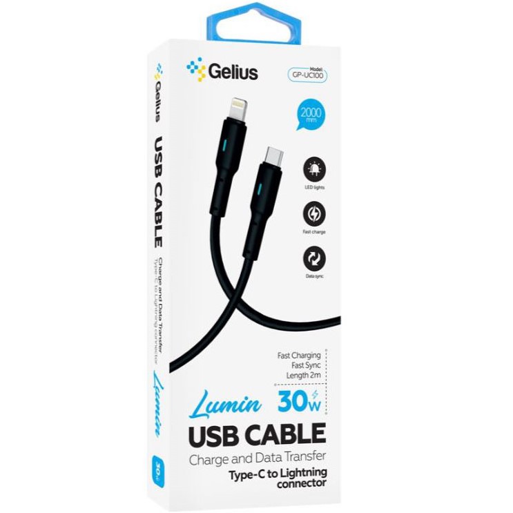 Кабель GELIUS GP-UC100 Lumin Type-C to Lightning 30W 2 м Black (00000100086) Додатково Швидкість передачі до 480 Мбіт/с; LED-індикація