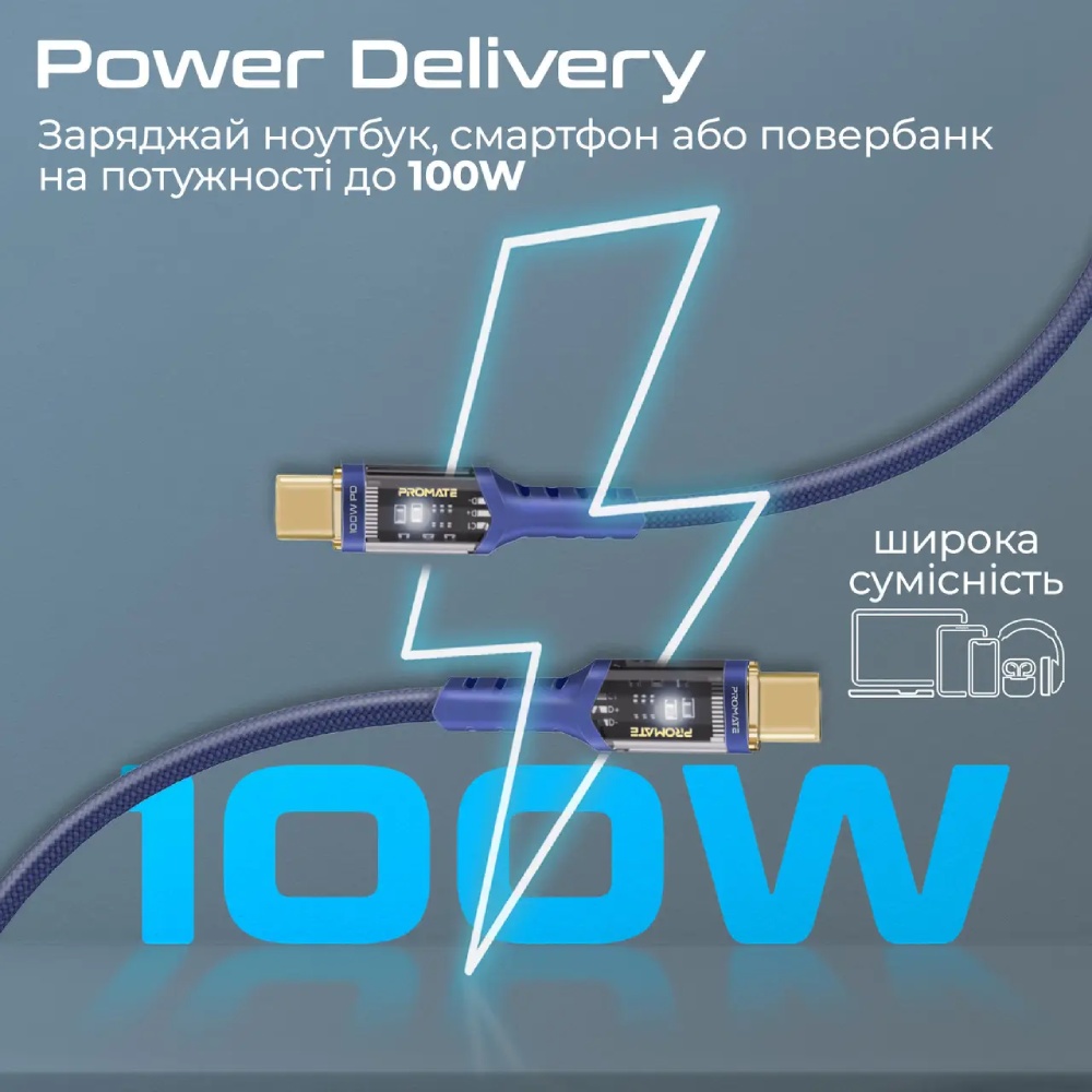 Кабель PROMATE USB Type-C - USB Type-C 2 м Navy (lucidline-cc200.navy) Дополнительно поддержка 100W Power Delivery, 20V/5A