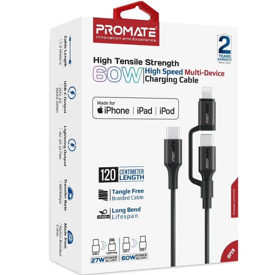 Кабель PROMATE USB Type-C-Lightning/USB Type-C 1.2 м Black (powerlink-cci black) Додатково USB-C Power Delivery конектор: 60W (20V/3А); Lightning конектор: 27W (9V/3A)