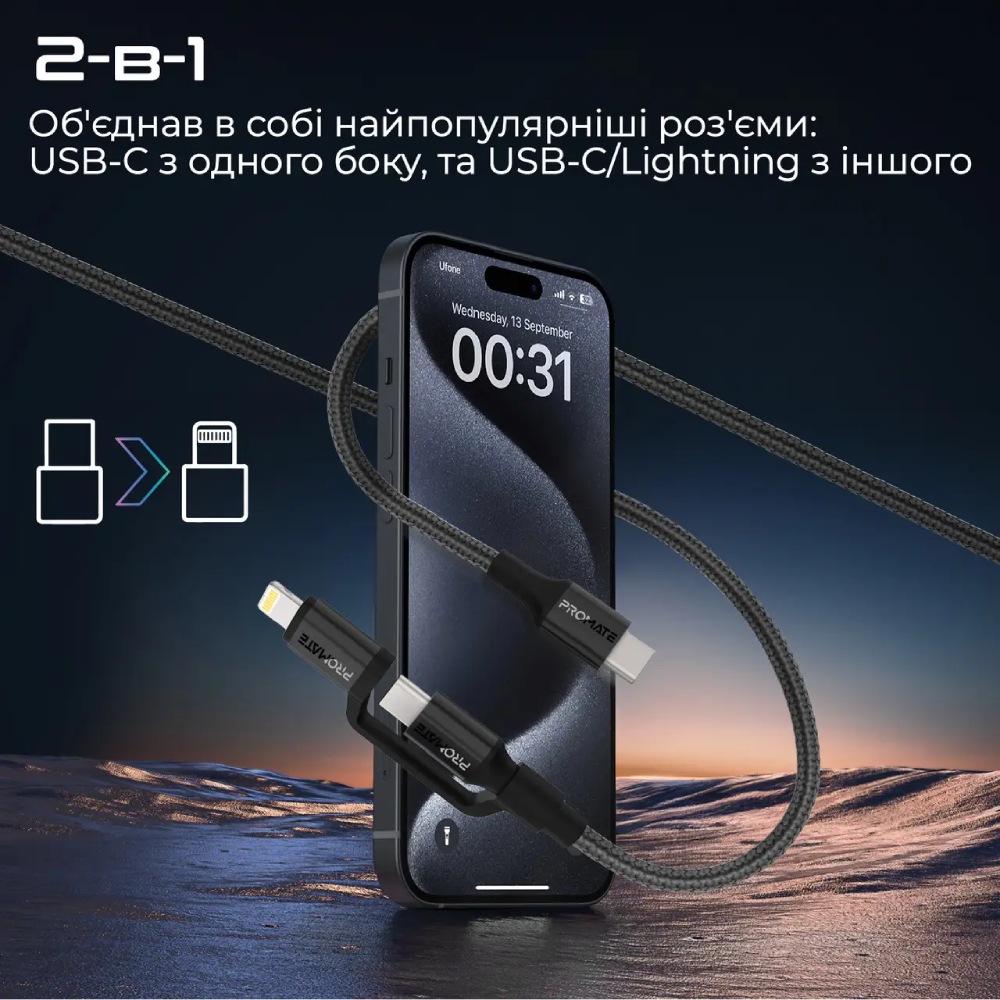 Кабель PROMATE USB Type-C-Lightning/USB Type-C 1.2 м Black (powerlink-cci black) Тип USB Type-C - USB Type-C/Lightning