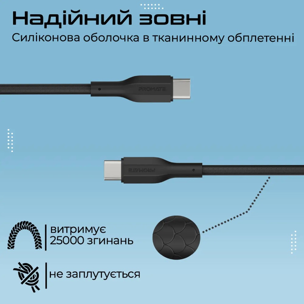 Фото Комплект кабелів PROMATE USB Type-C - USB Type-C 60W Power Delivery 0.3 м/1.2 м/2 м Black (cablekit-cc black)