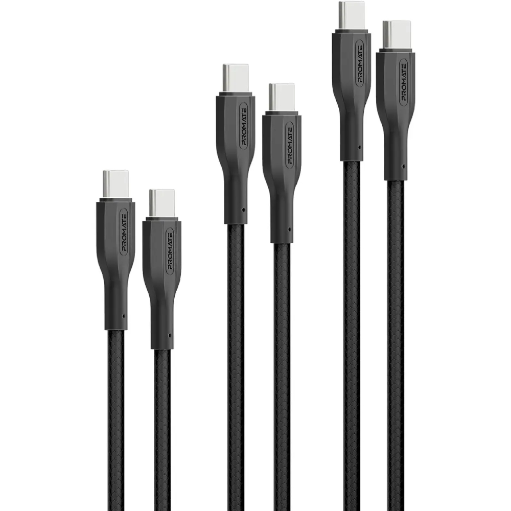 Комплект кабелів PROMATE USB Type-C - USB Type-C 60W Power Delivery 0.3 м/1.2 м/2 м Black (cablekit-cc black)