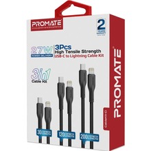 Комплект кабелів PROMATE USB Type-C-Lightning 27W Power Delivery 0.3м/1.2м/2м Black (cablekit-ci)