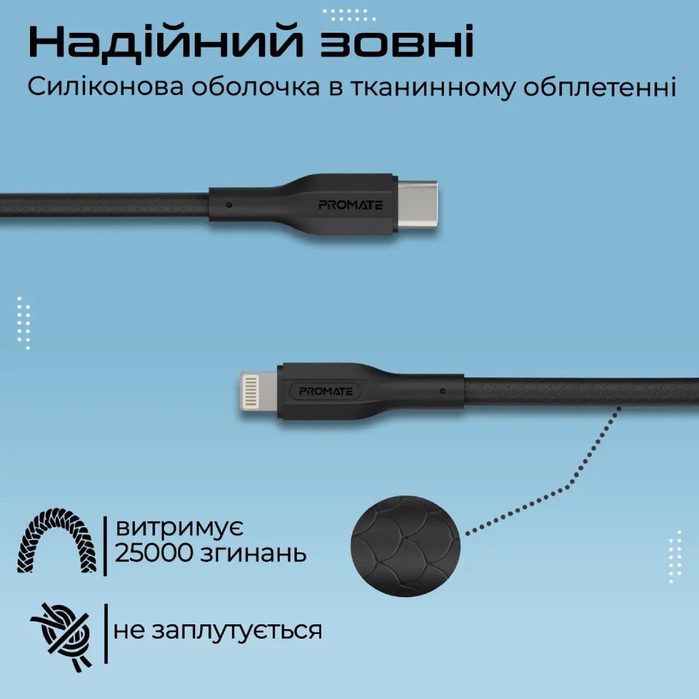 Фото Комплект кабелів PROMATE USB Type-C-Lightning 27W Power Delivery 0.3м/1.2м/2м Black (cablekit-ci)