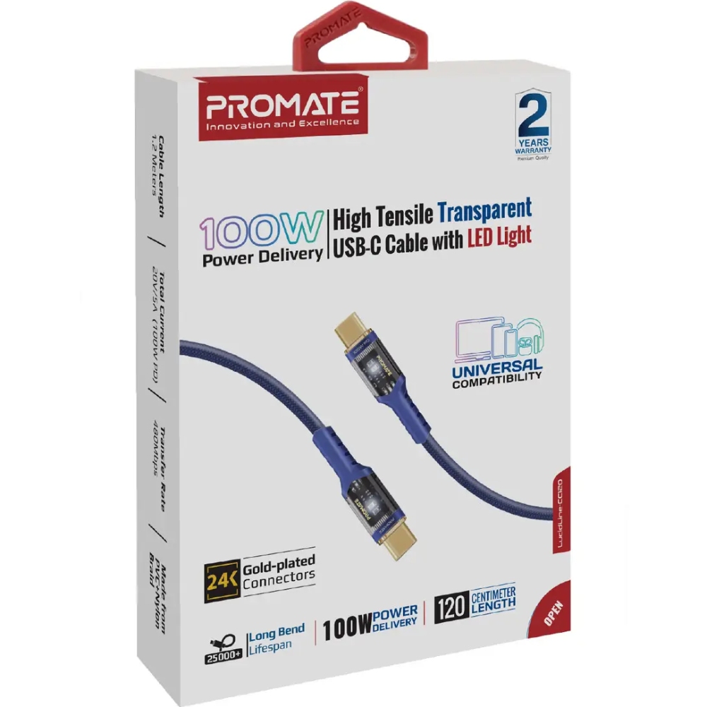 Кабель PROMATE USB Type-C - USB Type-C 100W Power Delivery 1.2 м Navy (lucidline-cc120 navy) Тип USB Type-C - USB Type-C/USB