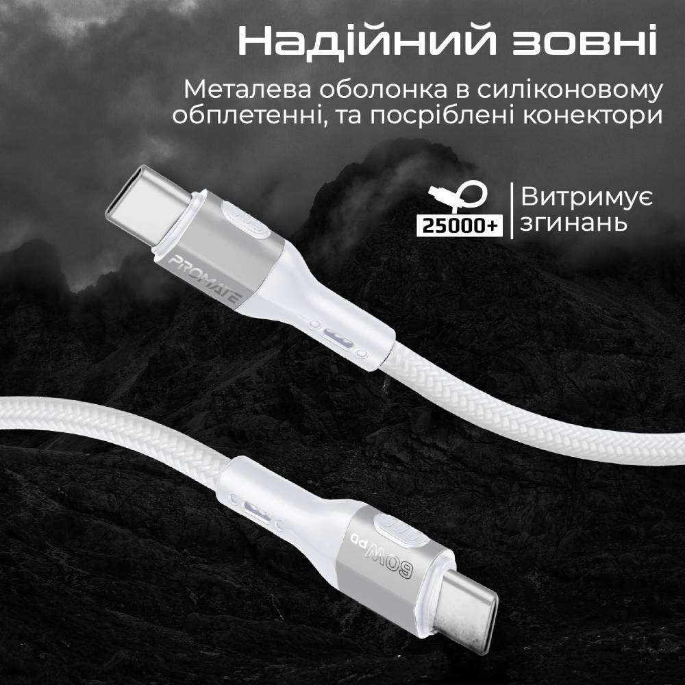 Зовнішній вигляд Кабель PROMATE USB-C - USB-C Grey (fletchlink-cc.grey)