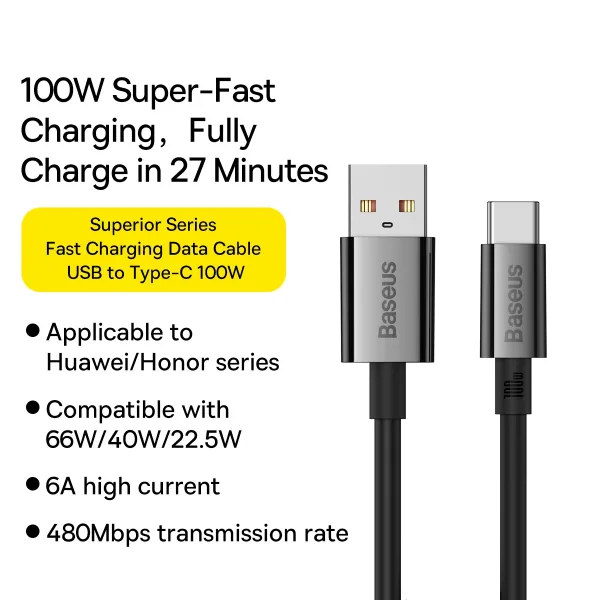 Фото 4 Кабель BASEUS Superior Series Fast Charging Data Cable USB to Type-C 100W 1.5 м Cluster Black (P10320102114-01)