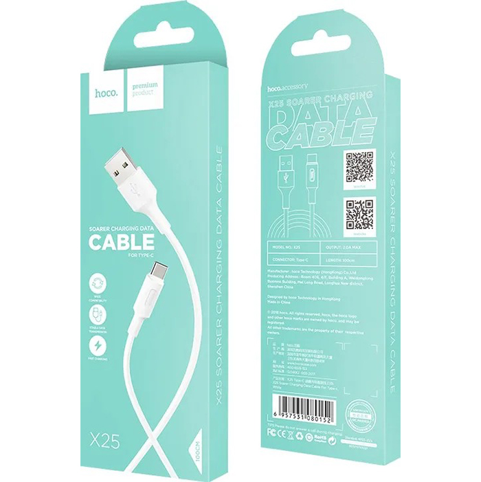 Кабель HOCO X25 USB-Type-C 2A 1 м White Підсвітка False