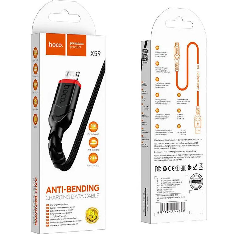 Кабель HOCO X59 USB to Micro 2.4A 1 м Black (6931474744890) Длина 1