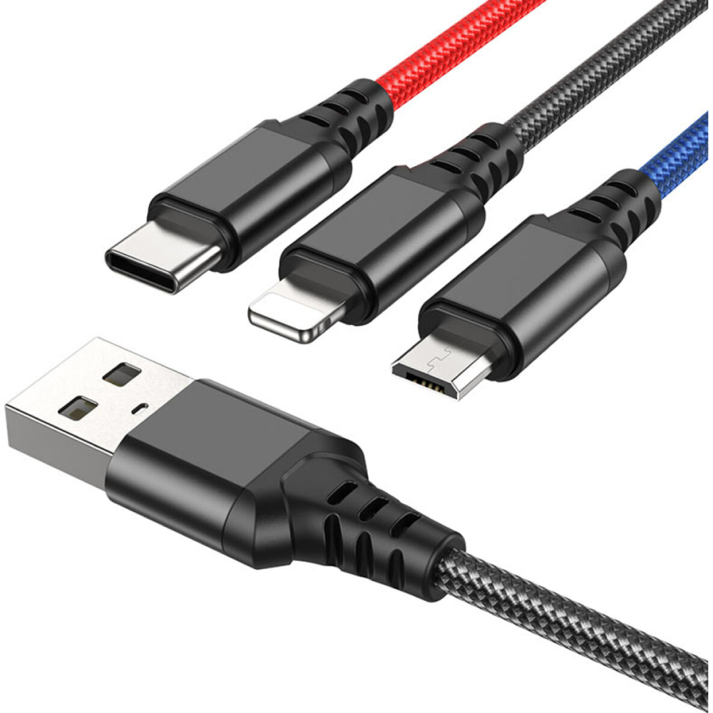 Кабель HOCO X76 USB to iP+Type-C+Micro 2A 1 м Black+Red+Blue (6931474768636)