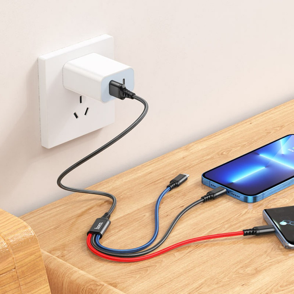 Кабель HOCO X76 USB to iP+Type-C+Micro 2A 1 м Black+Red+Blue (6931474768636) Подсветка False