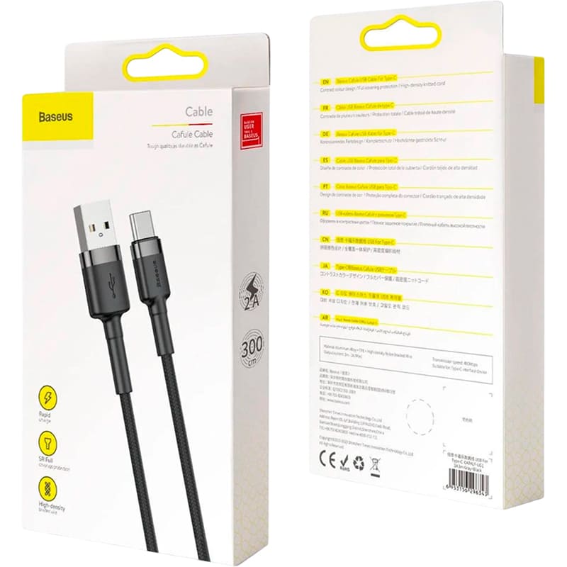Заказать Кабель BASEUS Cafule Cable USB - USB Type-C 3 м Grey/Black (CATKLF-UG1)
