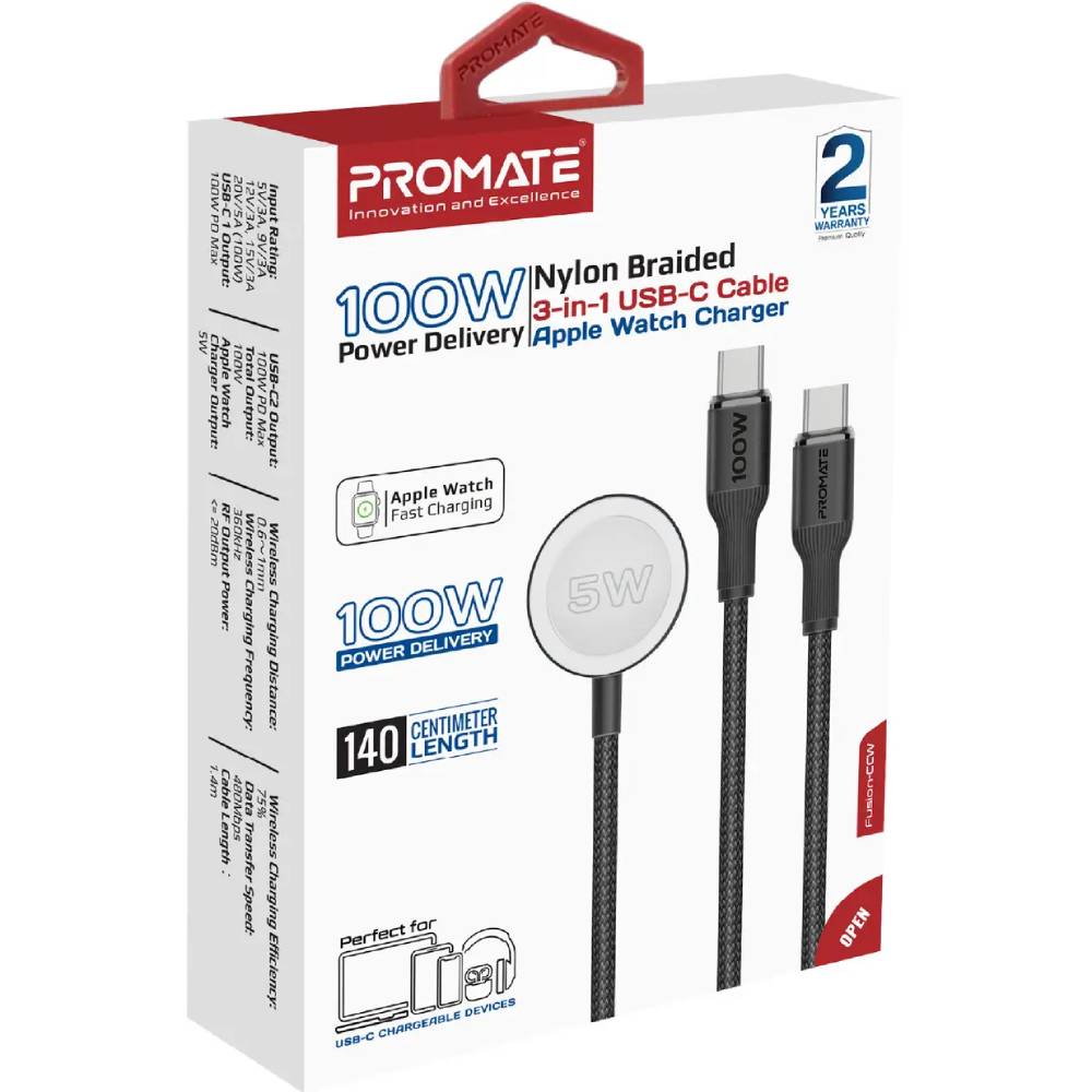 Заказать Кабель PROMATE 2x100W PD USB-C 5W (fusion-ccw.black)