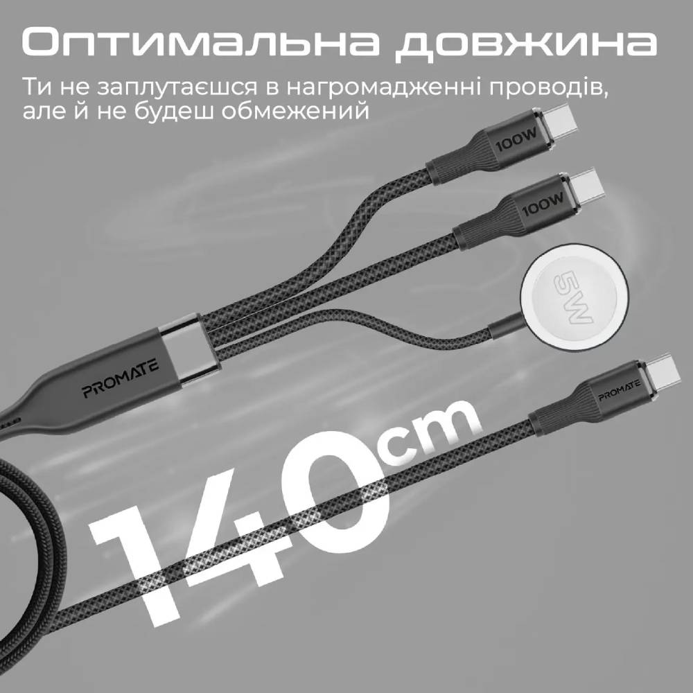 Фото Кабель PROMATE 2x100W PD USB-C 5W (fusion-ccw.black)