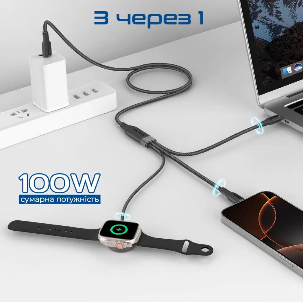Кабель PROMATE 2x100W PD USB-C 5W (fusion-ccw.black) Тип USB Type-С - 2 х USB Type-С