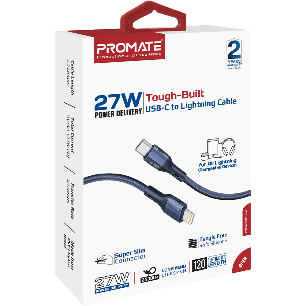 Внешний вид Кабель PROMATE USB Type-C to Lightning 27W PD 1.2 м Blue (fletchlink-ci.blue)