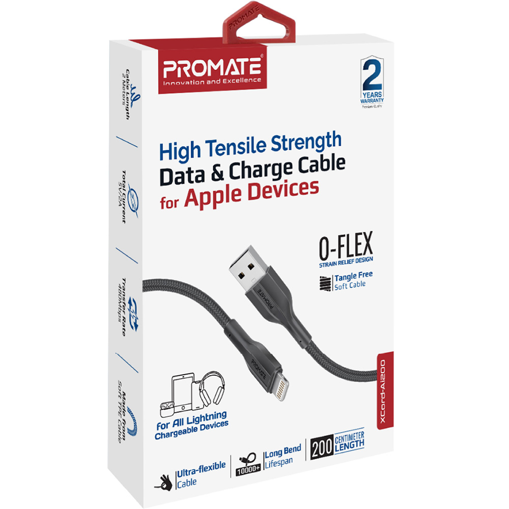 Фото 4 Кабель PROMATE Lightning to USB 2A 2 м Black (xcord-ai200.black)