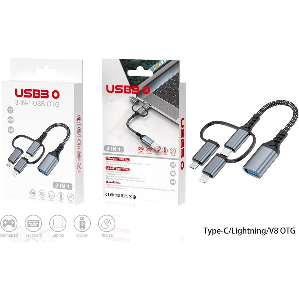 Фото 4 Адаптер XOKO 3 в 1 OTG USB 3.0 - Type-C, micro USB, 60W, 11cm (XK-AC-155)