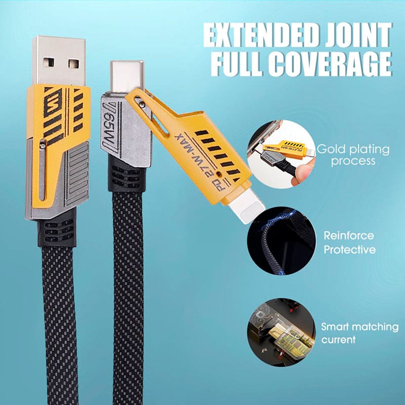Кабель WUW X207 4 in 1 USB - Lightning/micro-USB/USB Type-З 65W 1 м Black (6972573336524) Додатково Розумний вбудований AI-чіп автоматично ідентифікує пристрій та визначає безпечну потужність для нього, захищаючи від перегріву