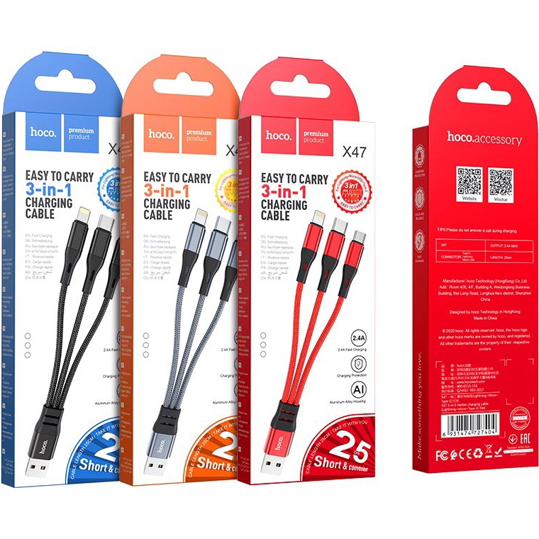 Кабель HOCO X47 USB для iP+Type-C+Micro 2.4A 0.25 м Black (6931474727398) Тип USB – Lightning/micro-USB/USB Type-C