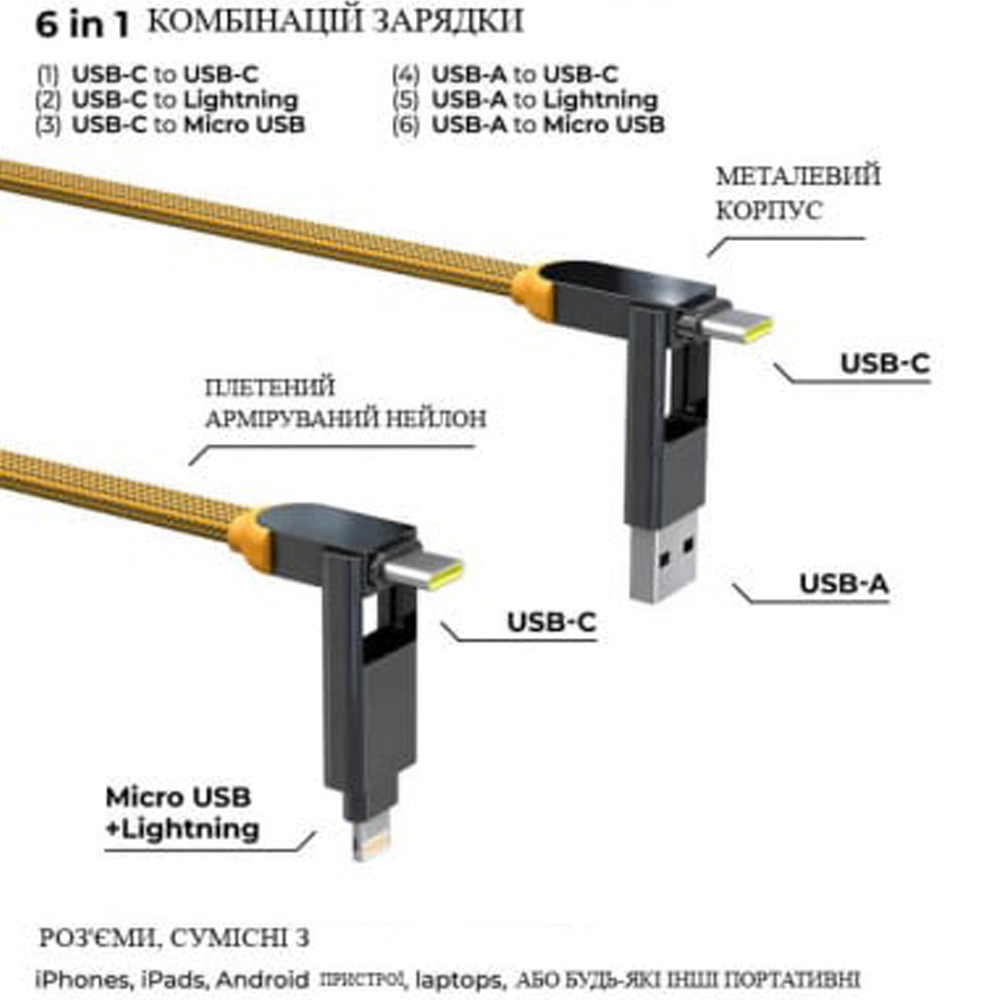 Кабель ROLLING SQUARE in Charge XL 6in1 30 см Yellow (XLS03R) Тип USB – Lightning/micro-USB/USB Type-C