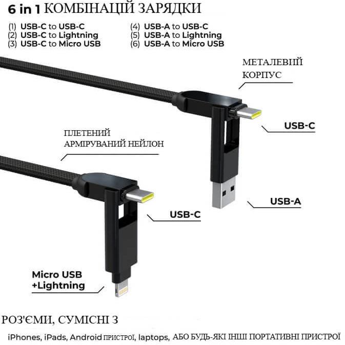 Кабель ROLLING SQUARE inCharge 6 in 1 3м Black (XLL01R) Підсвітка False