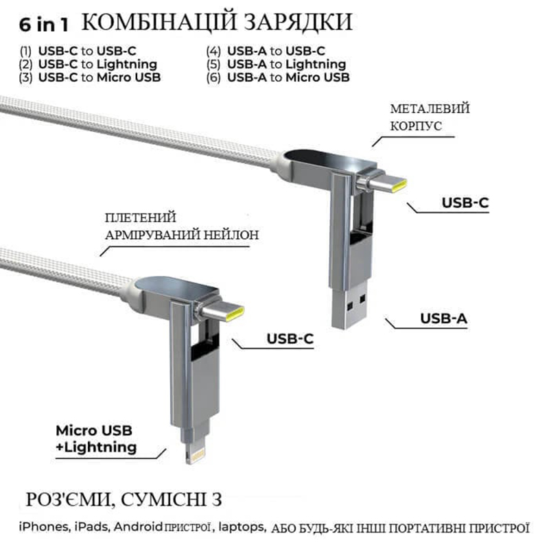 Кабель ROLLING SQUARE 6in1 inCharge XL 3 м White (XLL02R) Підсвітка False