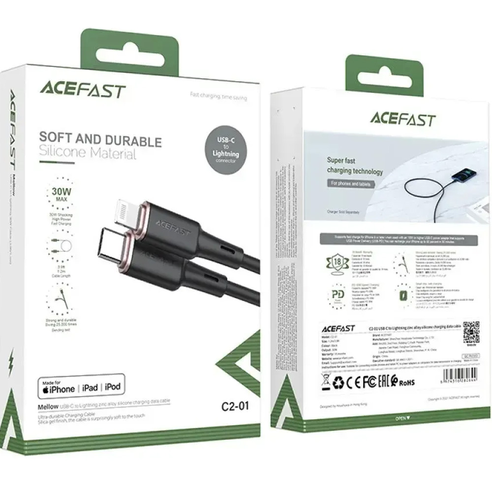 Кабель ACEFAST C2-01 USB Type-C - Lightning 3A 20W 1.2м Black (6974316280644) Підсвітка False