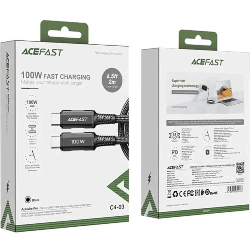 Кабель ACEFAST C4-03 USB Type-C - USB Type-C 5A 100W 2m Black (6974316280996) Довжина 2
