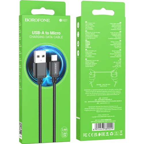 Зовнішній вигляд Кабель BOROFONE BX87 Sharp USB - micro-USB 1 м Black (6974443389029)